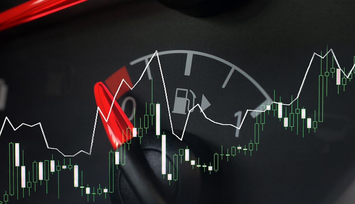 a closeup of a car dashboard empty gas indicator with a line graph superimposed that indicates oil price fluctuations