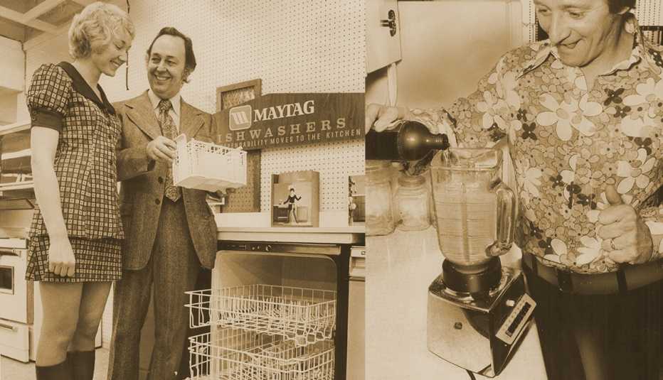 A sepia toned split image of a salesman showing a customer a Maytag dishwasher and a man in a retro flower print shirt using a vintage blender  at home.