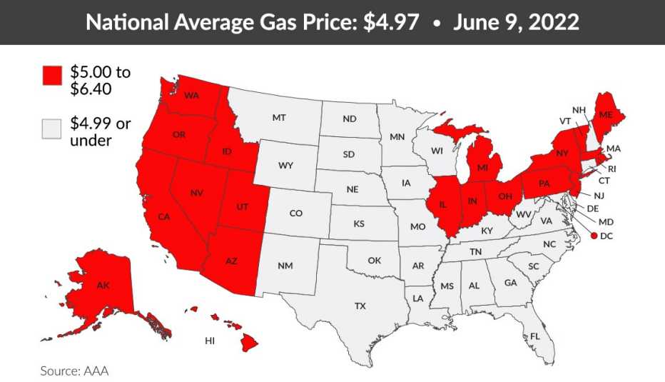 twenty states have gas prices over five dollars a gallon