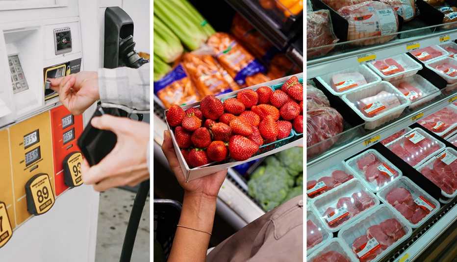 three images someone inserting a credit card at a fuel pump fruits and veggies in a grocery store and a packaged meat display 