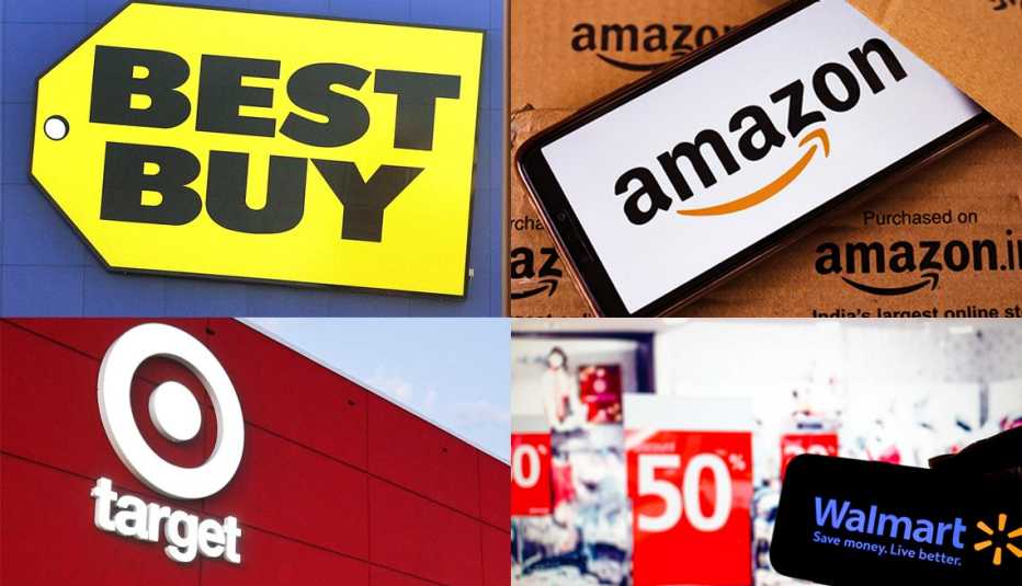 Montage of big retail store signs, Best Buy, Amazon, Target and Walmart, which are competing for holiday business.