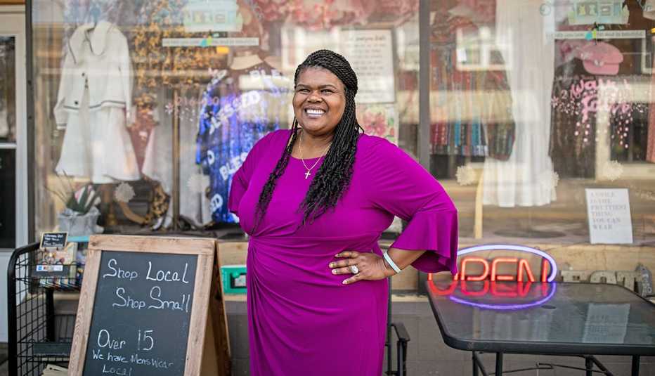 Lisa McGuthry, CEO of Our Favorite Things Boutique & Event Center, outside of her shop in Cleveland, OH on April 4, 2023. 