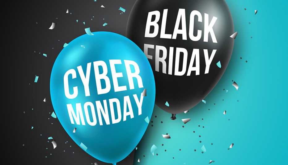 a blue ballon with cyber monday on it and a black ballon with black friday on it