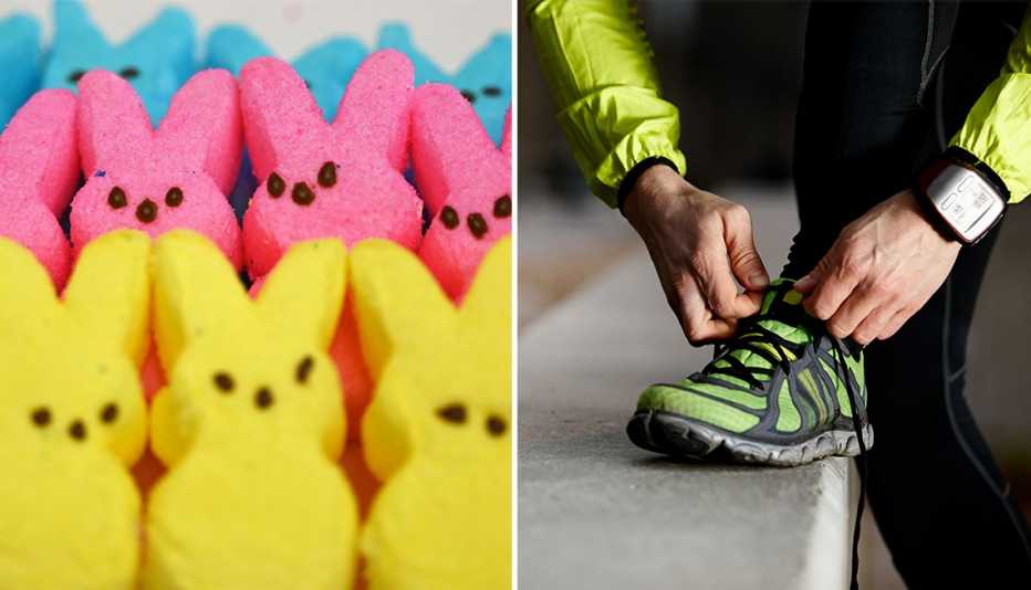 left side of image are multicolored marshmallow Peeps candy. Right side is a closeup of a man trying the laces of his running shoes