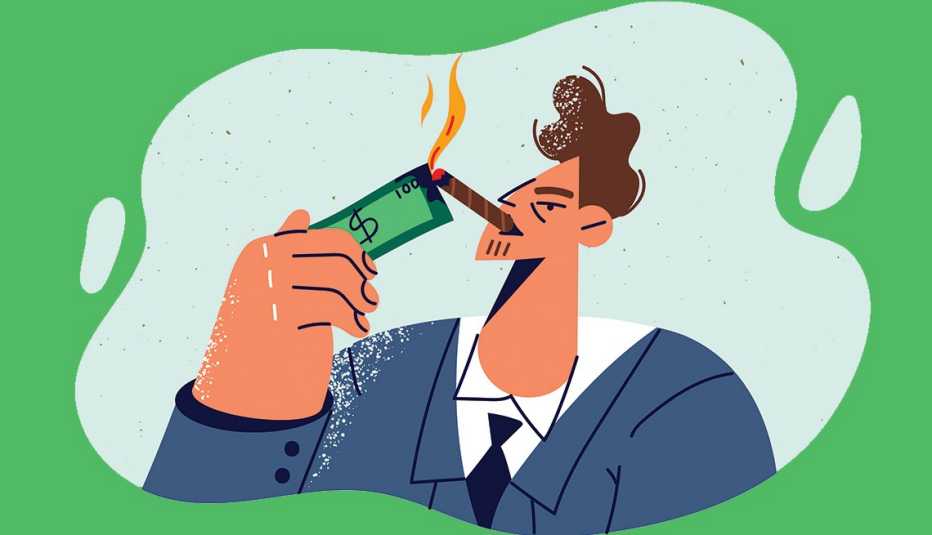 A cartoon illustrating a big spender who uses his lit cigar to waste money by burning cash.