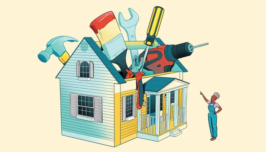 woman pointing at house that is a giant toolbox filled with hammer, paintbrush, wrench, screwdriver, and drill
