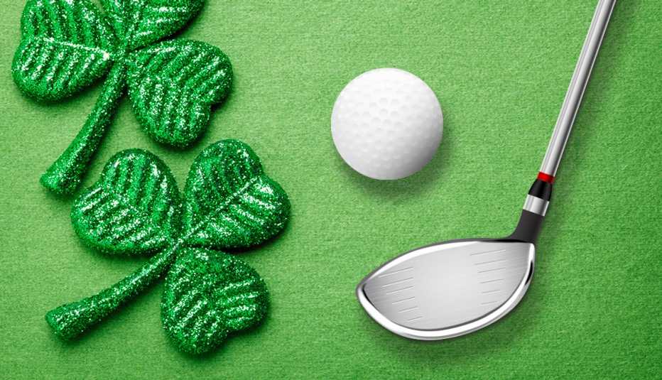 Two shamrock shapes on a green background, a golf club and a golf ball