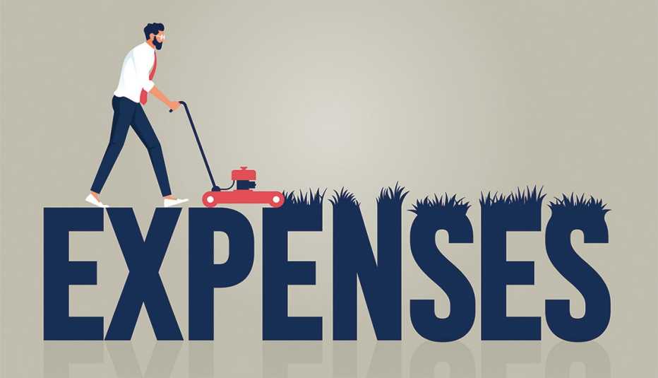illustration of a man with a lawnmower triming the top of a sign that says "EXPENSES"