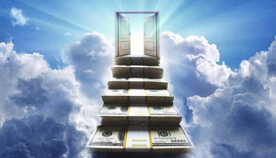100 dollar bill steps toward a set of double doors opening to a bright light over a cloudy sky