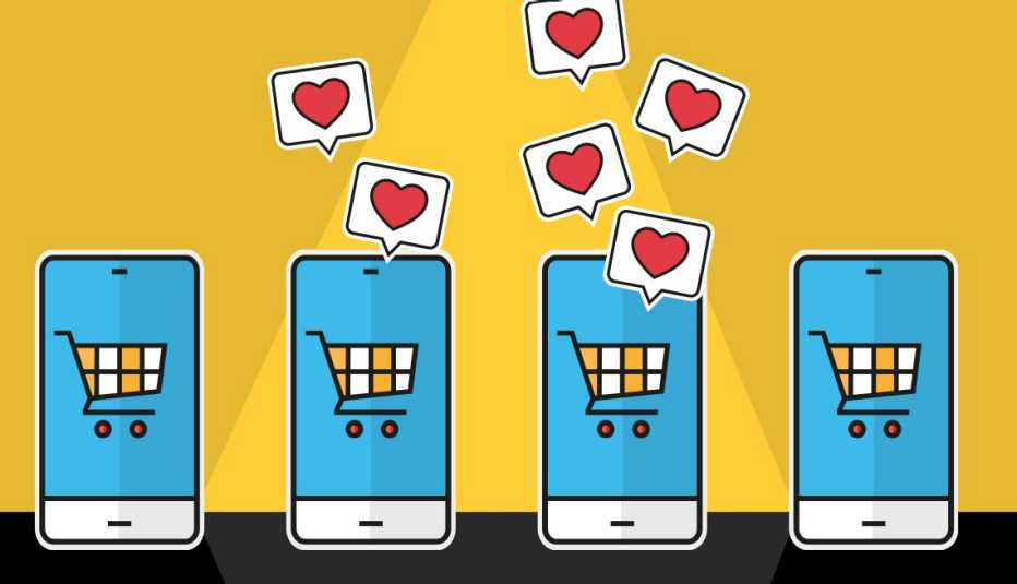an illustration of smartphones with shopping carts and hearts on a yellow field