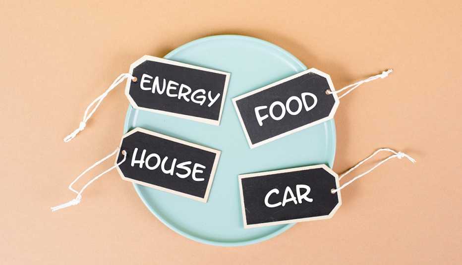 a green plate with tags on it that say energy house food and car