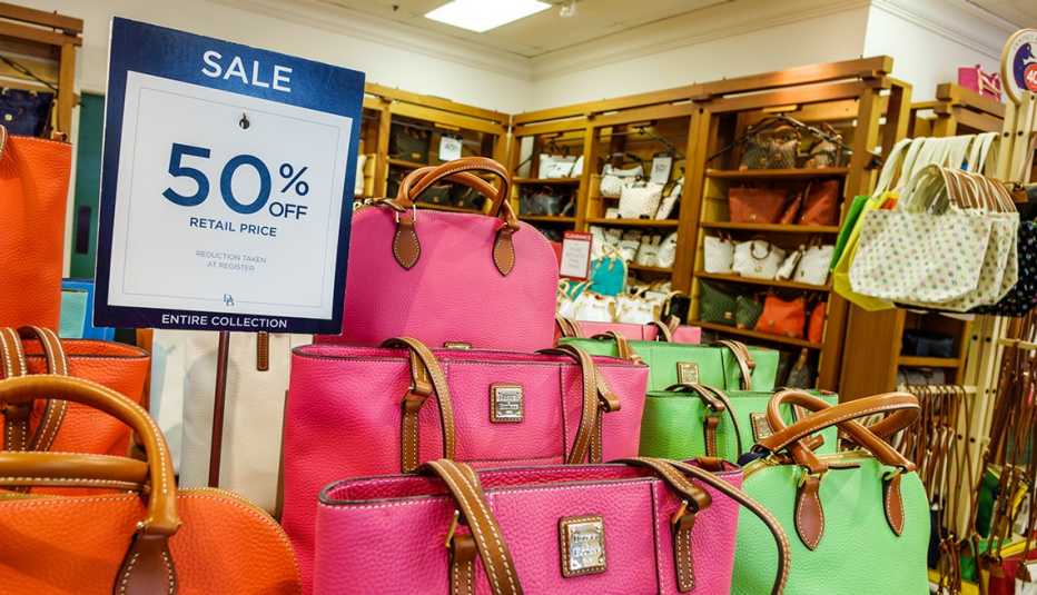 Display of women's handbags for sale in a Dooney and Bourke factory outlet store. 