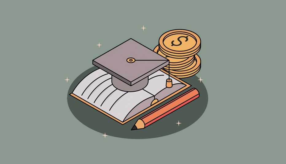 The concept of student loans illustrated by a graduation cap sitting on an open book next to a pencil and a stack of gold coins.