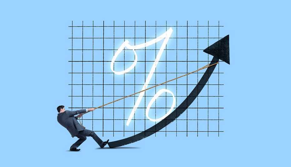 A businessman pulls on a rope attached to an arrow that represents rising interest rates