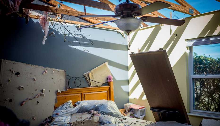 A damaged bedroom in Parker, Fla., in October 2018 after Hurricane Michael.