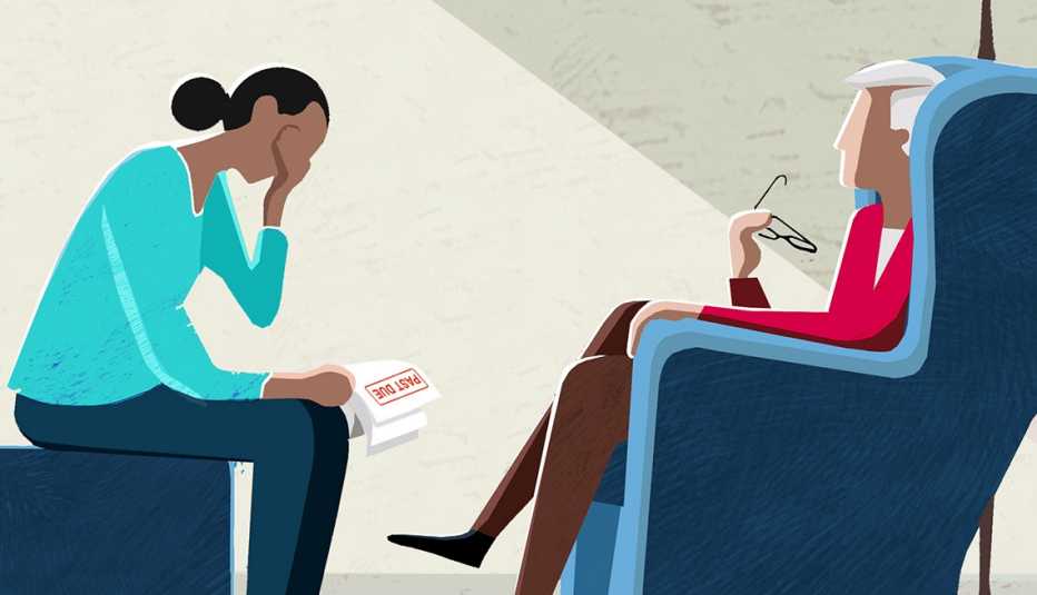 illustration of a seated face to face conversation about debt between adult and a senior parent