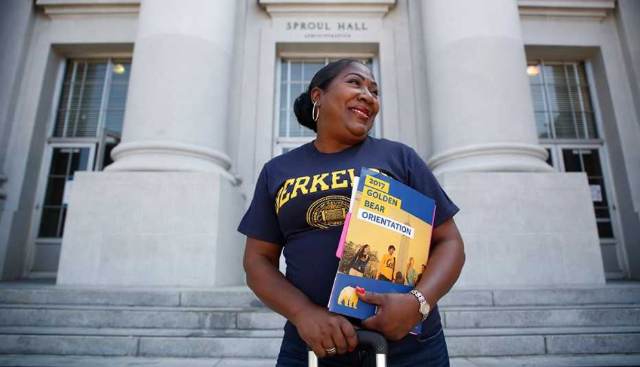 Jules Patrice Means, 64, poses for a portrait in front of Sproul Hall on the UC Berkeley campus during orientation on Wednesday, Aug. 16, 2017 in Berkeley, Calif. 