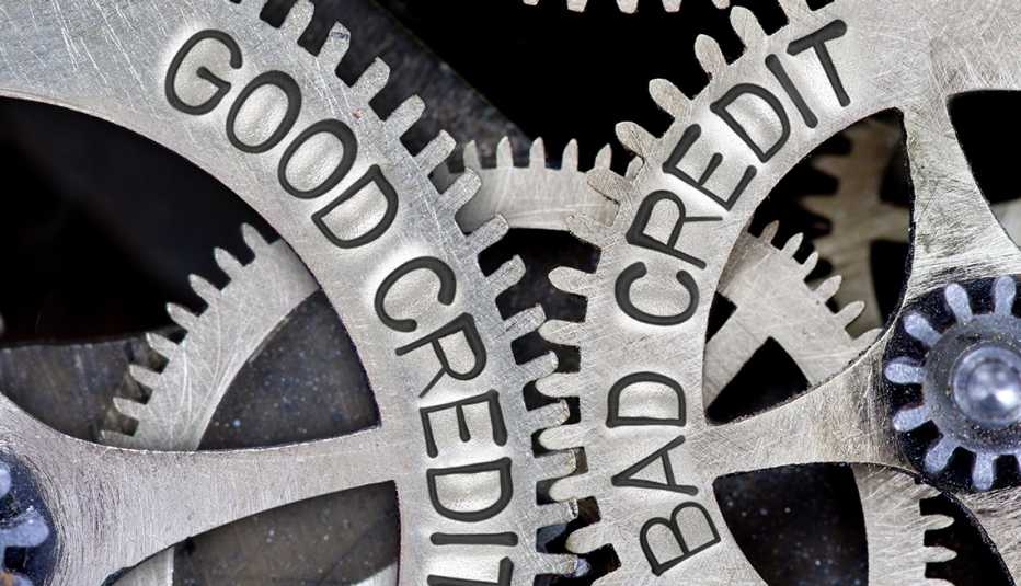 mechanism of two engaged gear wheels  labelled as good credit, bad credit