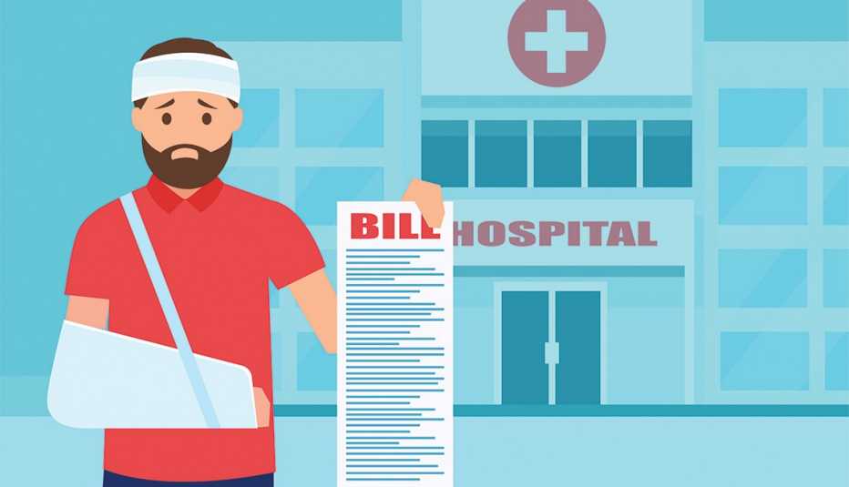 Illustration of man standing outside hospital with his arm in a sling and a bandaged head holding up a very long medical bill.