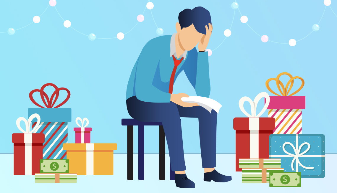 a man looking at how much buying holiday gifts has put him in debt