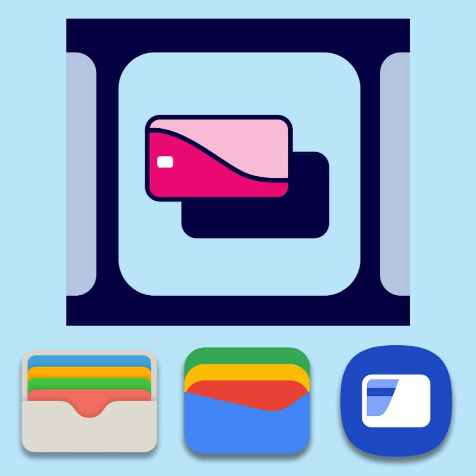 cartoon icon showing a digital wallet app on a mobile phone screen along with the specific icons for apple wallet google wallet and samsung wallet