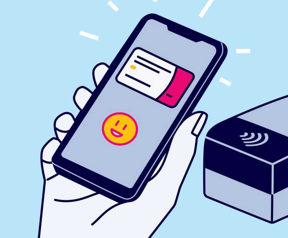 cartoon showing a hand holding a mobile phone and paying with digital wallet