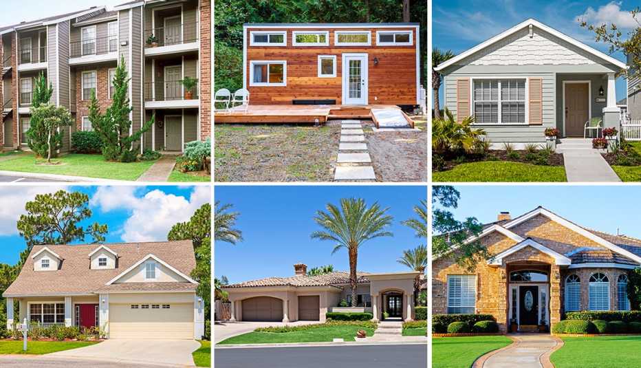 collage of six different types of dwellings an apartment building a tiny house and several types of other homes in different environments 