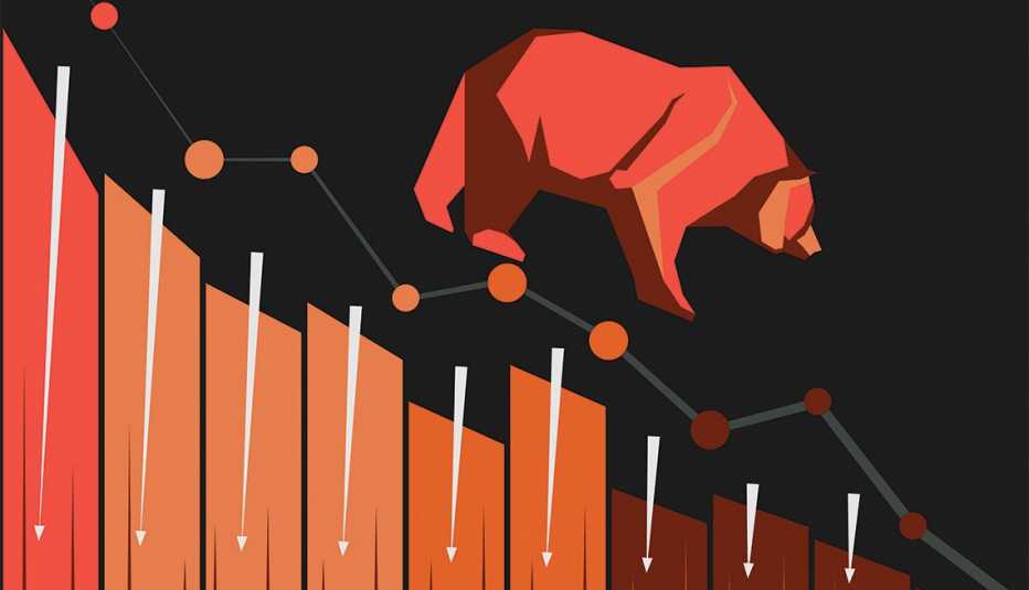  a declining stock market is illustrated by a red bear on a black background walking down a colorful bar chart with down arrows 