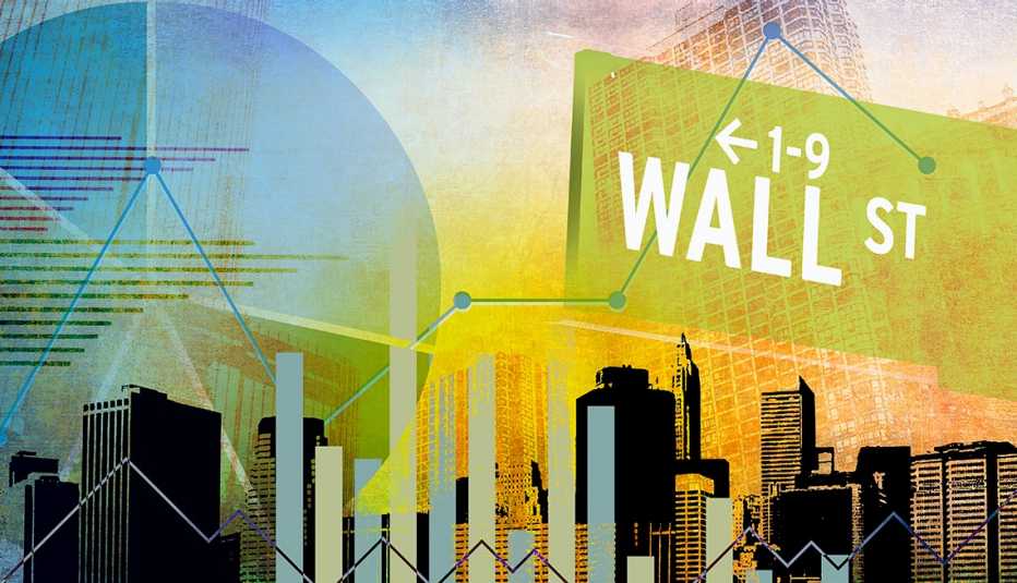 Illustration of wall street sign and city backdrop