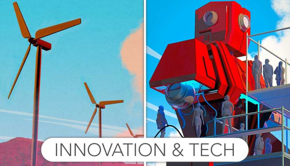 side-by-side illustrations of windmills and manufacturing robot