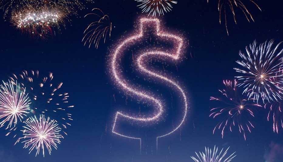 night sky lit up with fireworks in the shape of a dollar sign