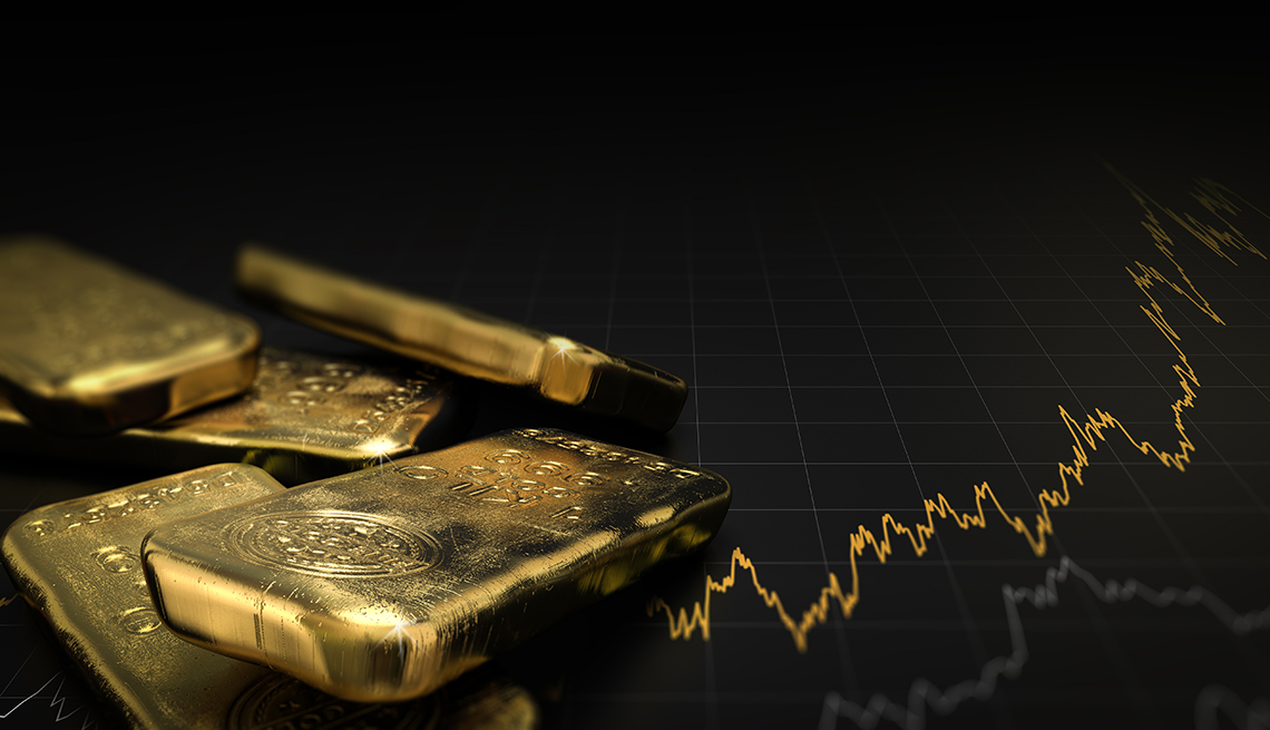 illustration of gold ingots over black background with a financial graph going up