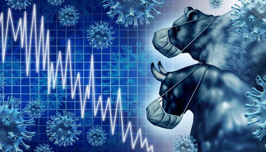 illustrated bull and bear wearing face masks and look at stock prices falling on economic news of  pandemic and coronavirus