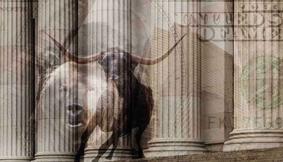Montage sepia image of a bull, one hundred dollar bill and pillars of ornate building 