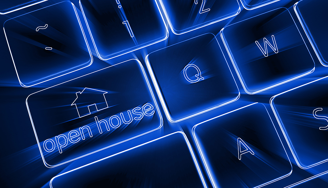 Open house real estate button keyboard with blue electronic glow