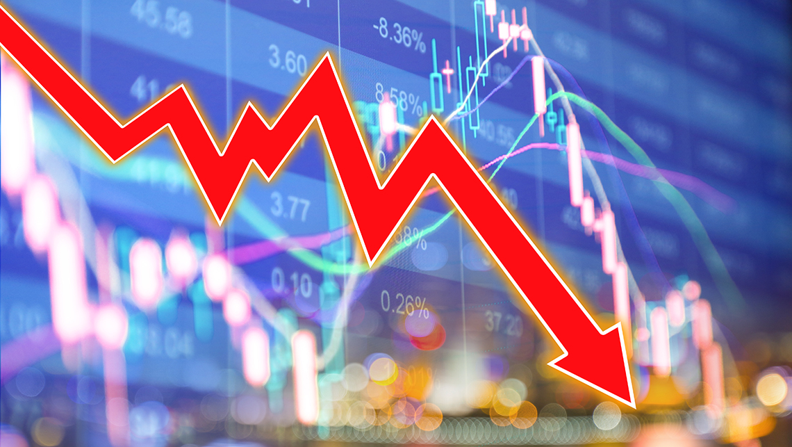 stock market screen display overlaid with a large red downward trending arrow