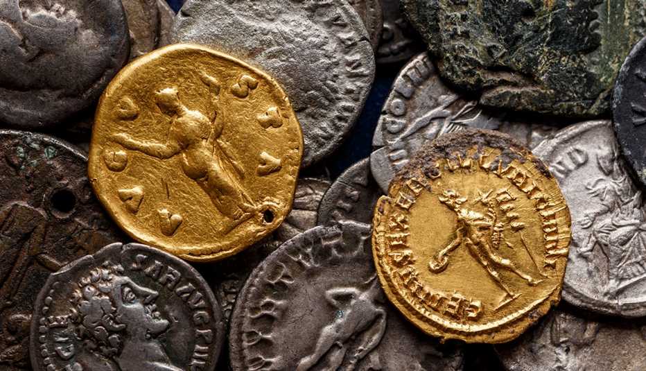 Close up view of authentic ancient Roman denarius coins