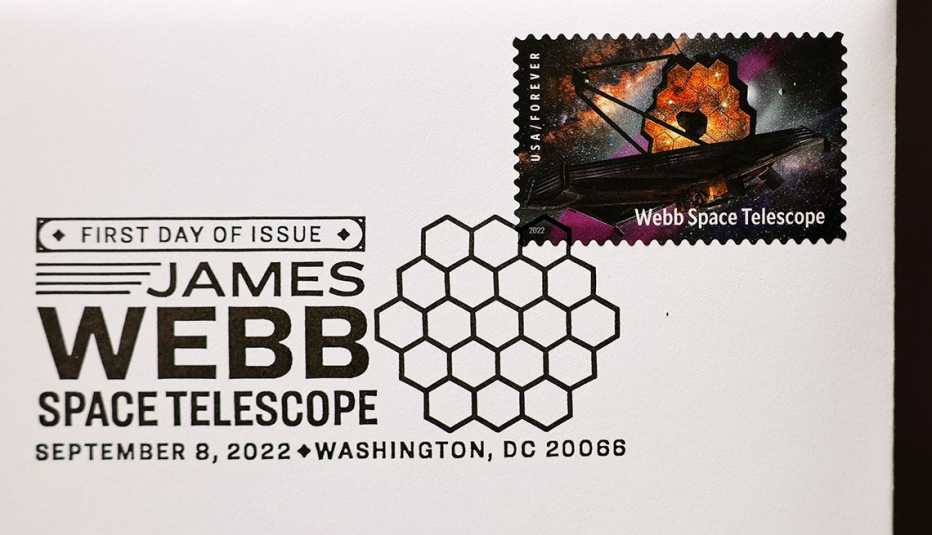 U.S. Postal Service new stamp featuring the James Webb Space Telescope during the First Day of Issue dedication ceremony at the U.S. Postal Museum on September 08, 2022 in Washington, DC. .