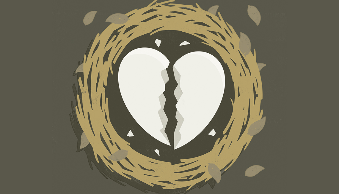 illustration of a broken heart shaped egg inside a nest in somber colors
