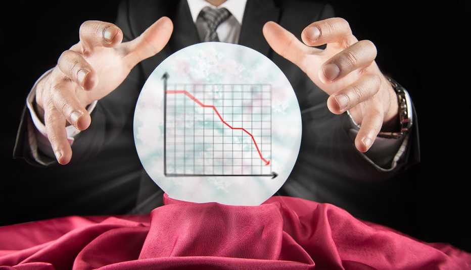 Hands around a crystal ball reveal the prediction of a plunging downward trend on a chart. 