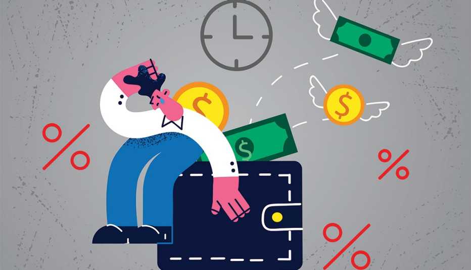 An illustration of a man sitting on his wallet trying to prevent money from flying away with a clock drawing overhead.