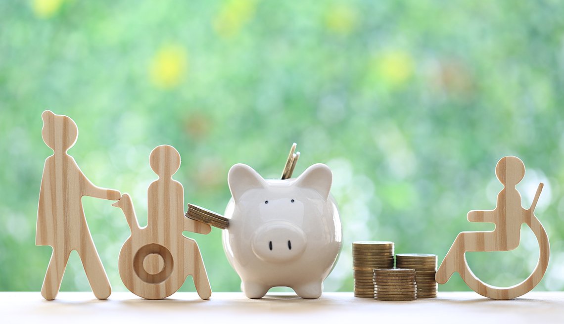 savings accounts for people with disabilities illustrated by wood model figures, coins and a piggy bank