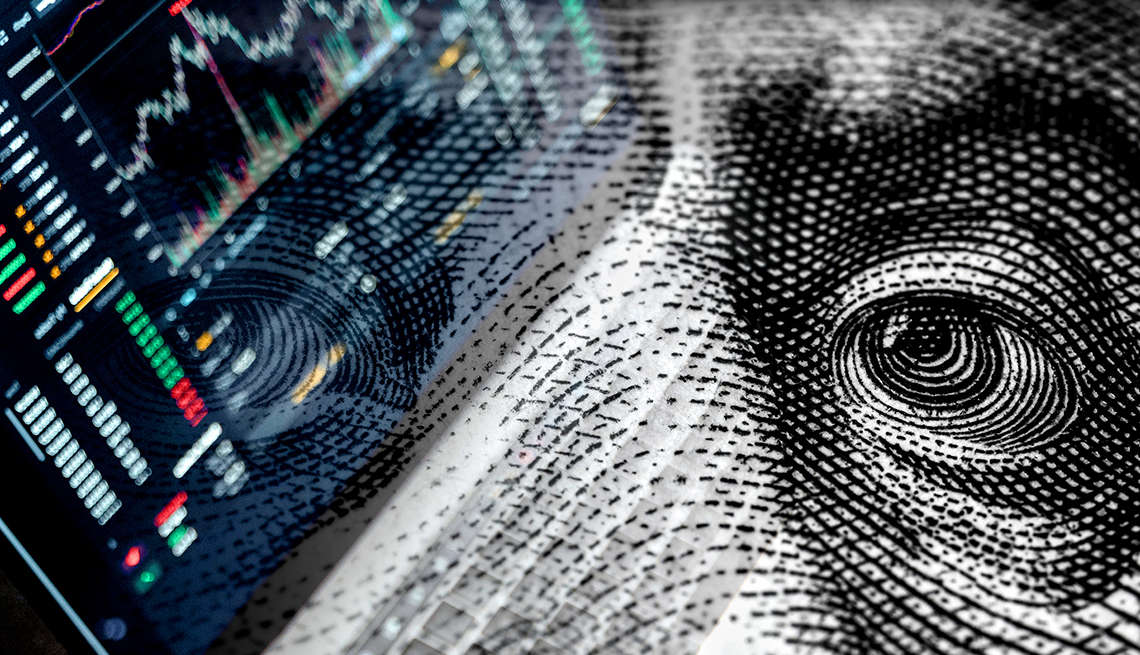 A macro close view of the black and white engraving on a cash bill with an overlay of a digital stock market indicator chart 