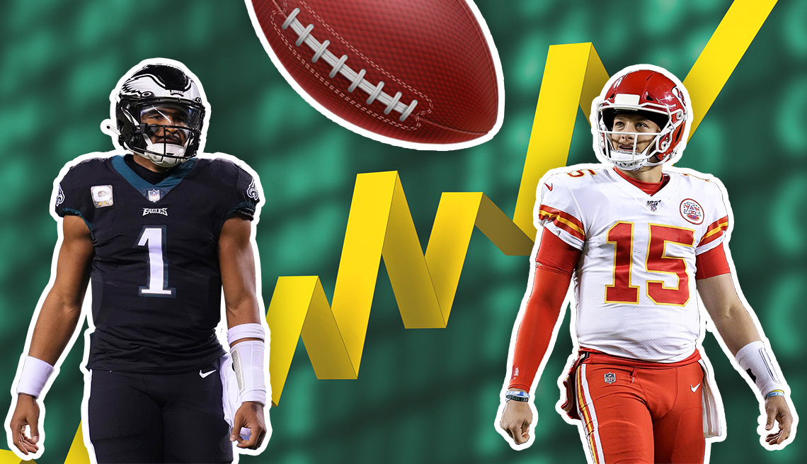 Super Bowl 57 quarterbacks Jalen Hurts #1 of the Philadelphia Eagles and Patrick Mahomes #15 of the Kansas City Chiefs, superimposed on a graph and stock exchange board