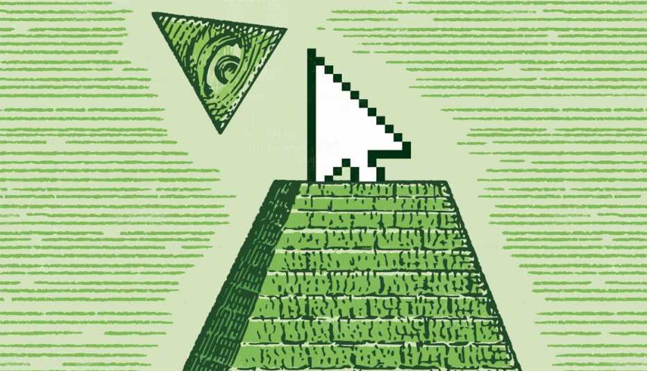 an illustration of a computer cursor popping out of the pyramid on the dollar bill