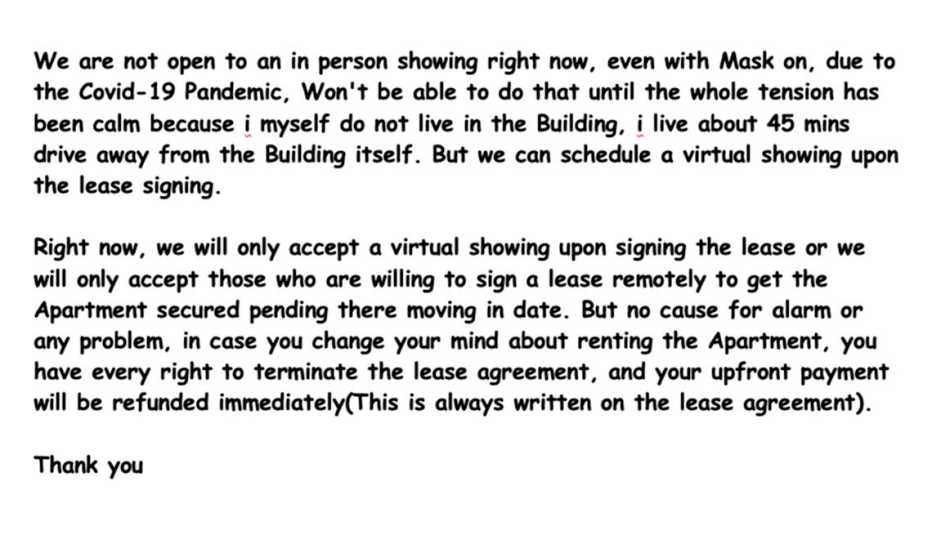 screenshot of a fraudulent email from an apartment scam