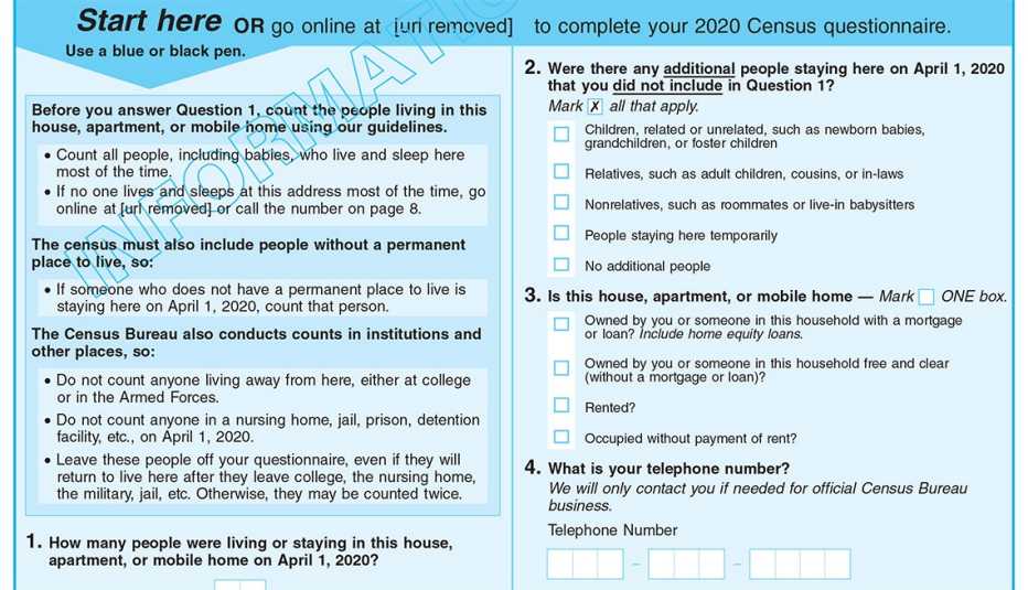 2020 Census Informational Questionnaire (Bilingual - English/Spanish) sample