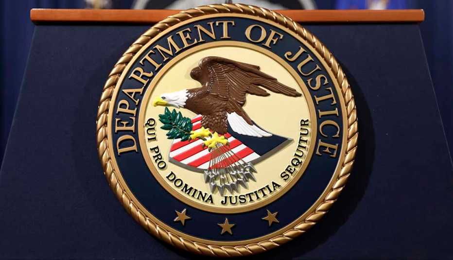 Department of Justice seal on a podium