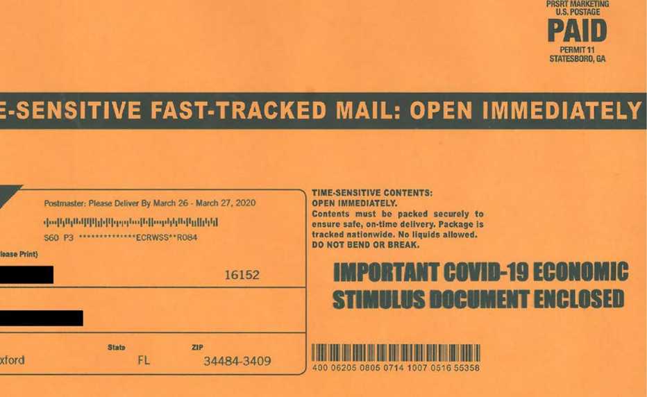 exhibit a from a civil complaint showing a scam realistic looking mailer envelope that says time sensitive fast tracked mail open immediately and that there is a covid nineteen stimulus document enclosed