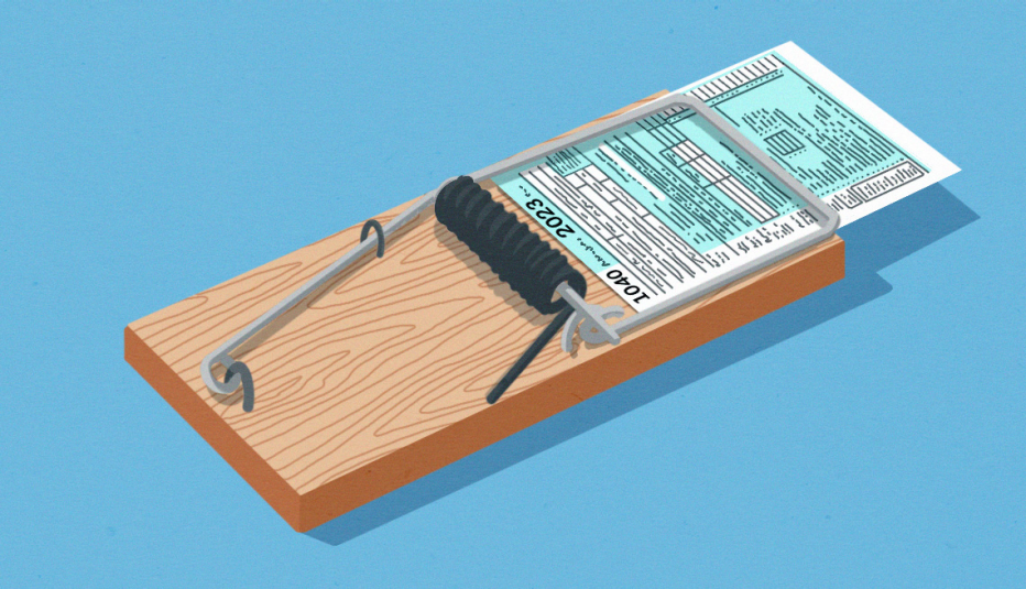 a wooden mousetrap with a 1040 tax form snapped shut in it